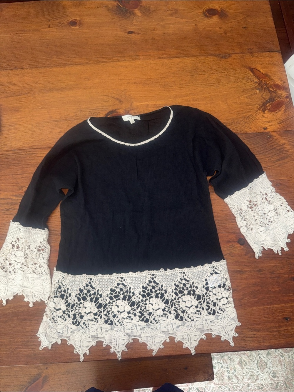 Umgee Black Top with White Crochet Trim